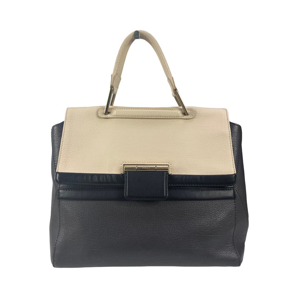 Furla Colorblock Leather Satchel Bag Black Cream Top Handle Crossbody Italy